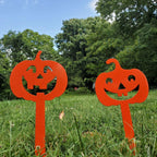 Set of 2 Pumpkin Yard Stakes – Metal Halloween Lawn & Garden Décor