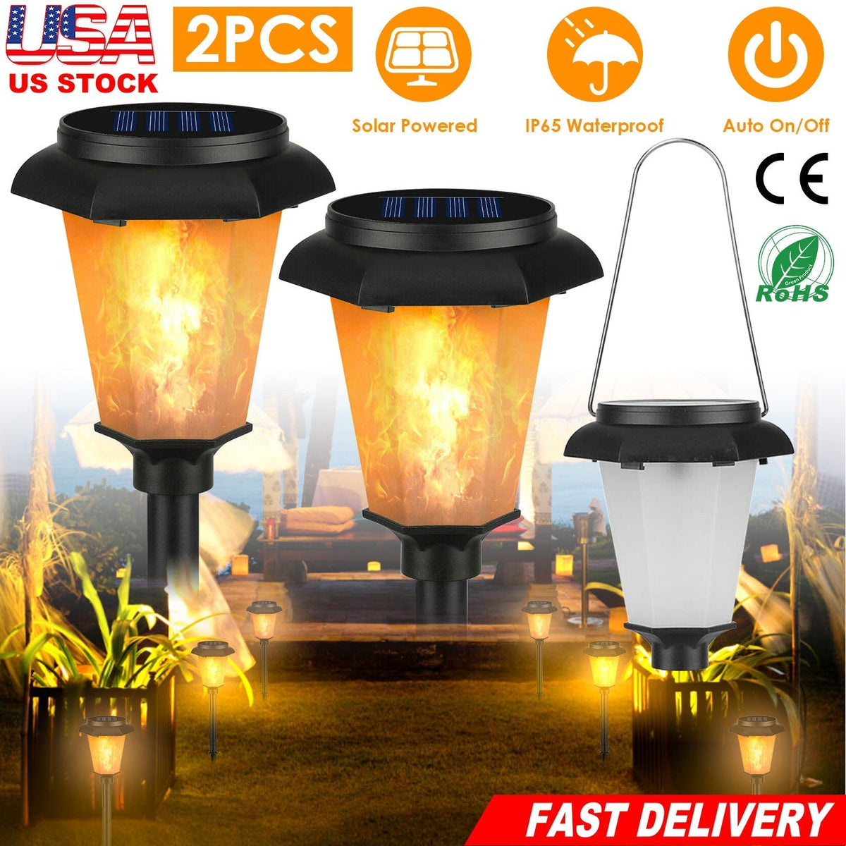 2-Pack Solar Flame Torch Lights – IP65 Waterproof Flickering Flame Stake Lights