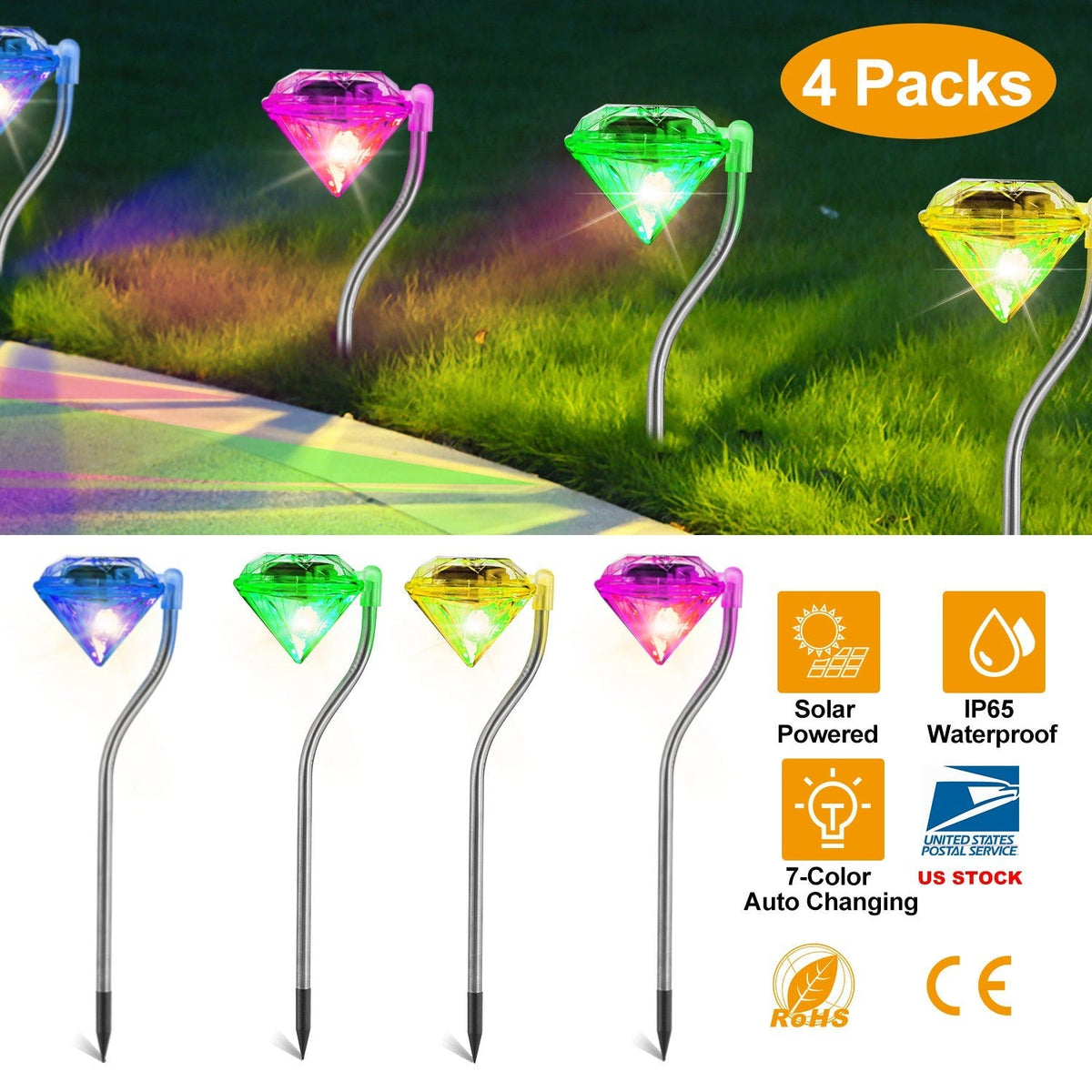 4-Pack Solar Diamond Garden Lights – 7-Color Changing IP65 Waterproof Pathway Stake Lights