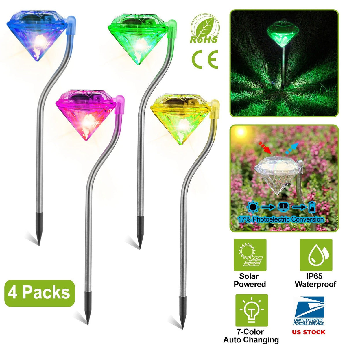 4-Pack Solar Diamond Garden Lights – 7-Color Changing IP65 Waterproof Pathway Stake Lights