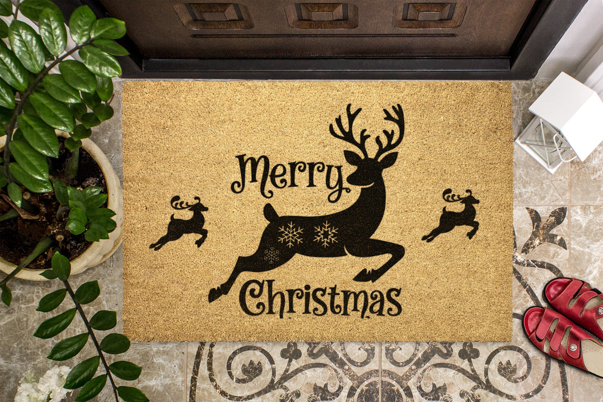Merry Christmas Flying Reindeers Outdoor Bristle Doormat