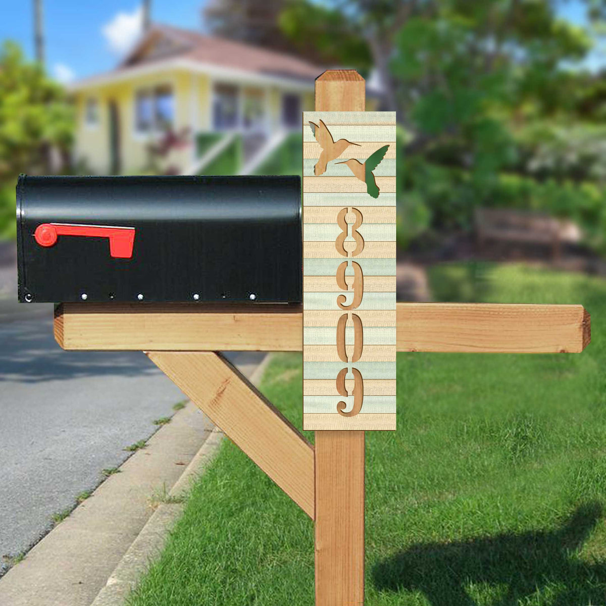 Hummingbird House Number Sign – Handcrafted Wooden Address Plaque for Porch or Mailbox Post