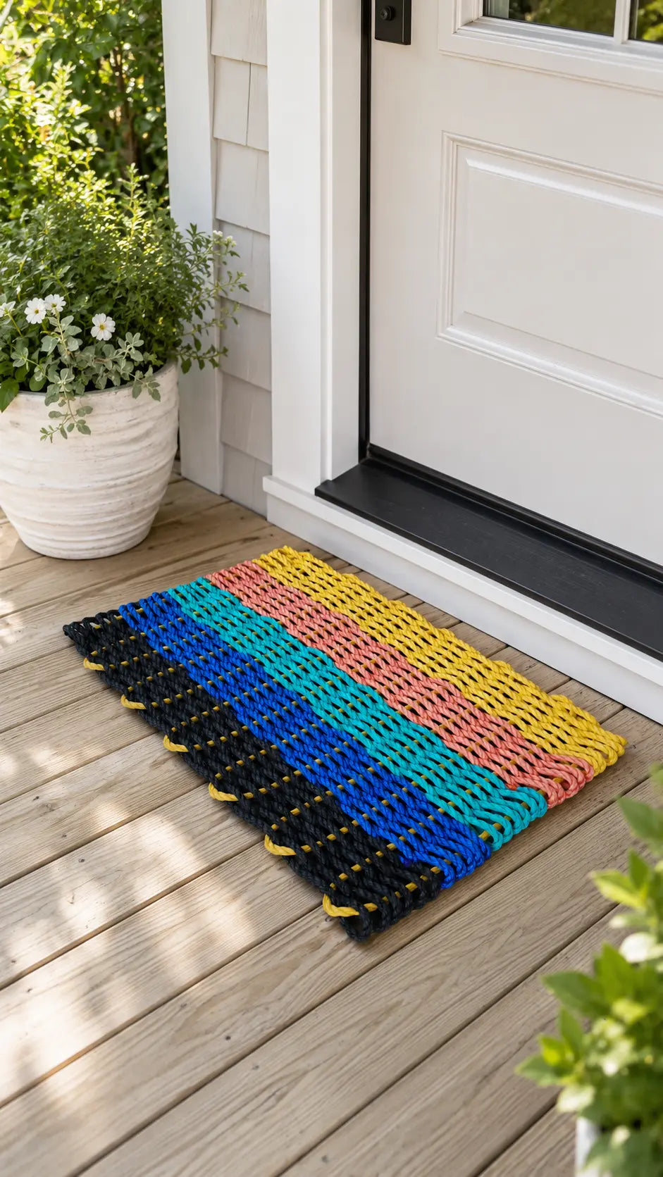 A colorful woven doormat with horizontal stripes in black, blue, teal, yellow, orange, and pink, placed on a wooden front porch next to a white door and potted plants.