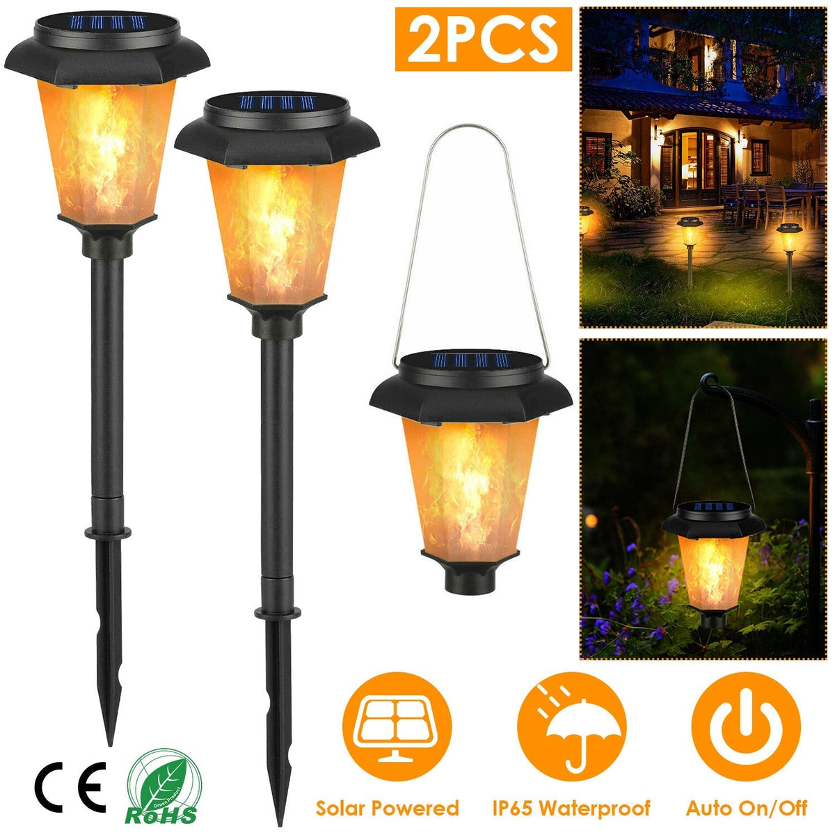 2-Pack Solar Flame Torch Lights – IP65 Waterproof Flickering Flame Stake Lights