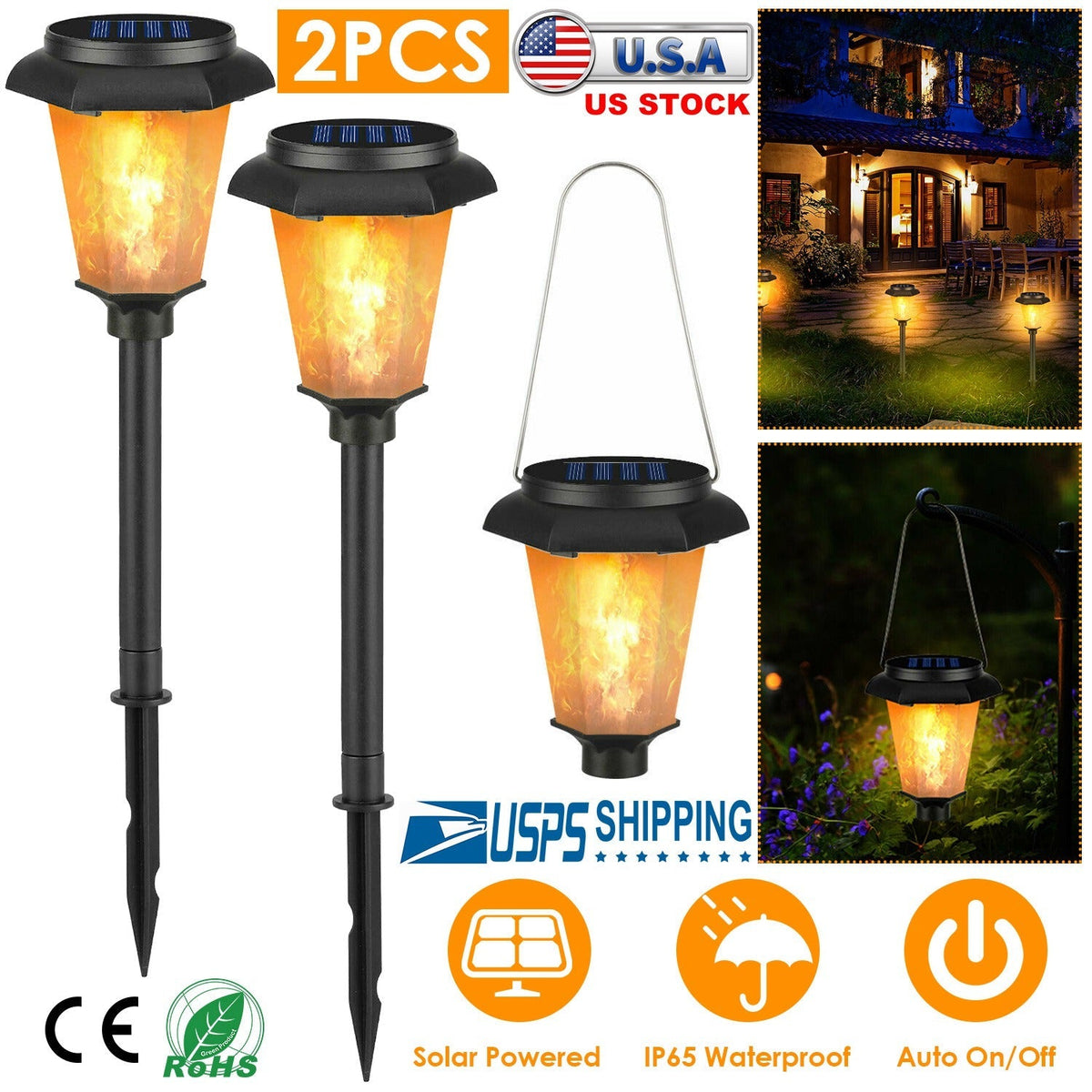 2-Pack Solar Flame Torch Lights – IP65 Waterproof Flickering Flame Stake Lights