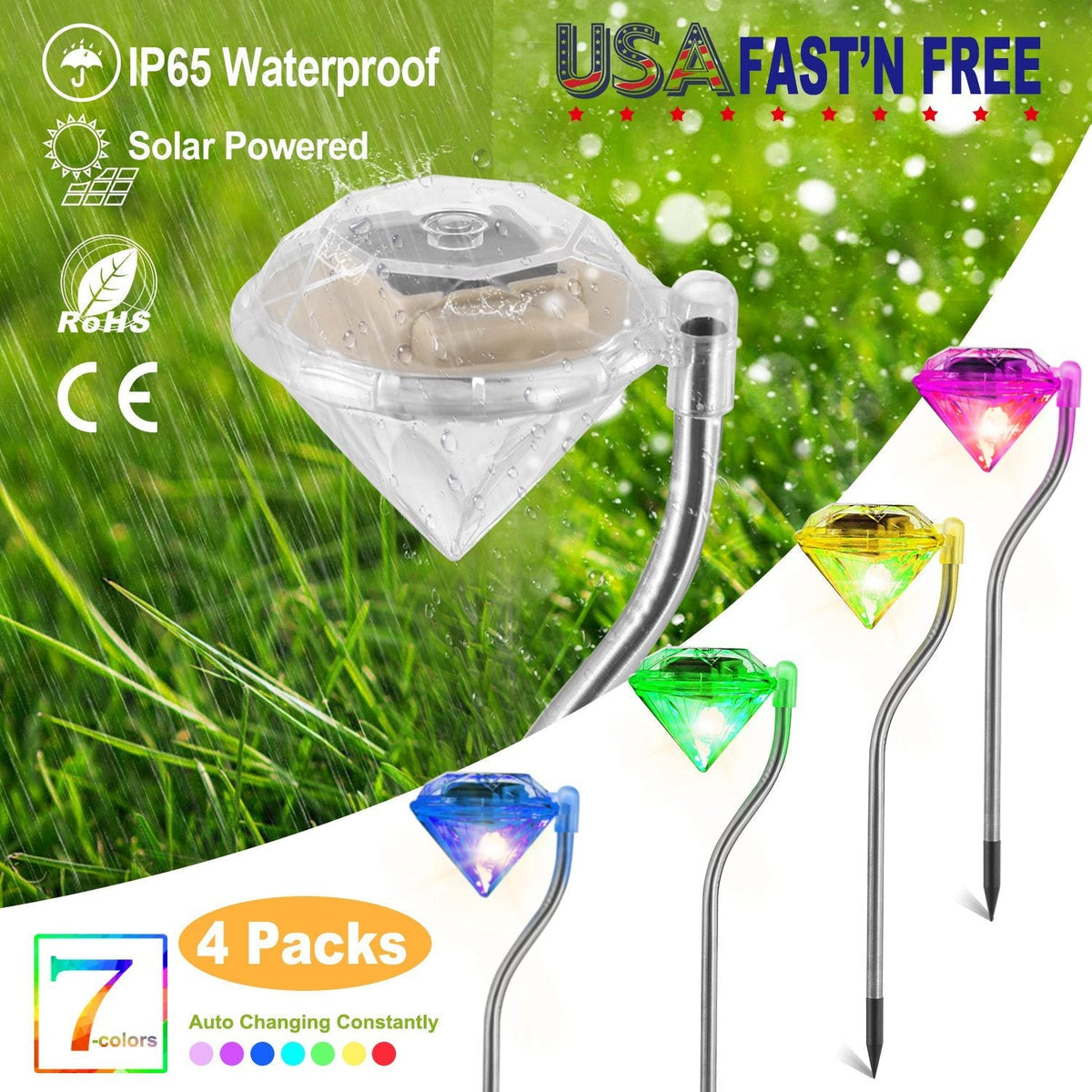 4-Pack Solar Diamond Garden Lights – 7-Color Changing IP65 Waterproof Pathway Stake Lights
