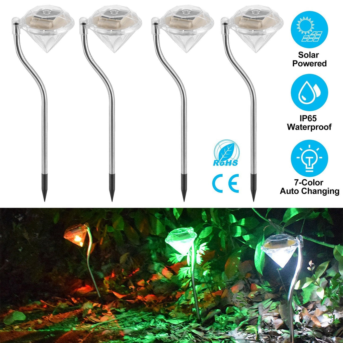4-Pack Solar Diamond Garden Lights – 7-Color Changing IP65 Waterproof Pathway Stake Lights